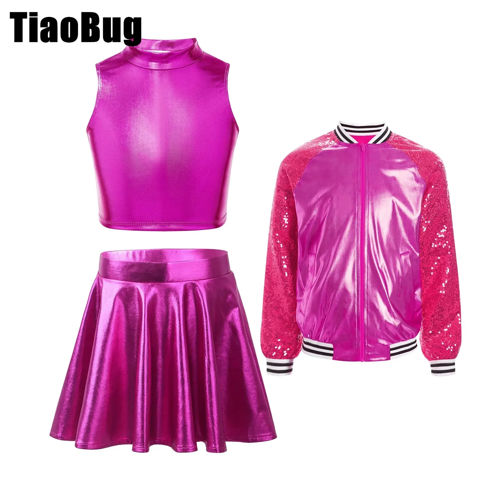 

Kids Girls Sequins Jazz Sets Mock Neck Metallic Crop Top with Skirt And Zipper Jacket for Stage Performance Workout