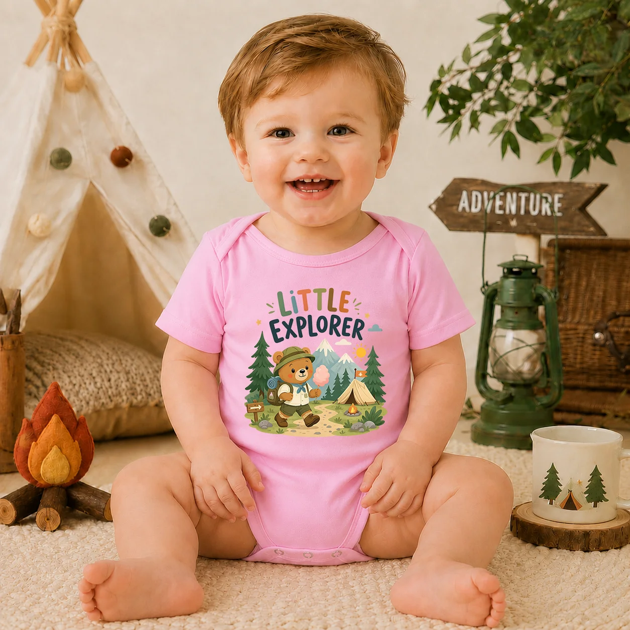 Newborn Baby Bodysuit Little Explorer Bear Camping Print Short Sleeve Romper Infant Boys Girls Summer Onesie Soft Cotton Baby Ju