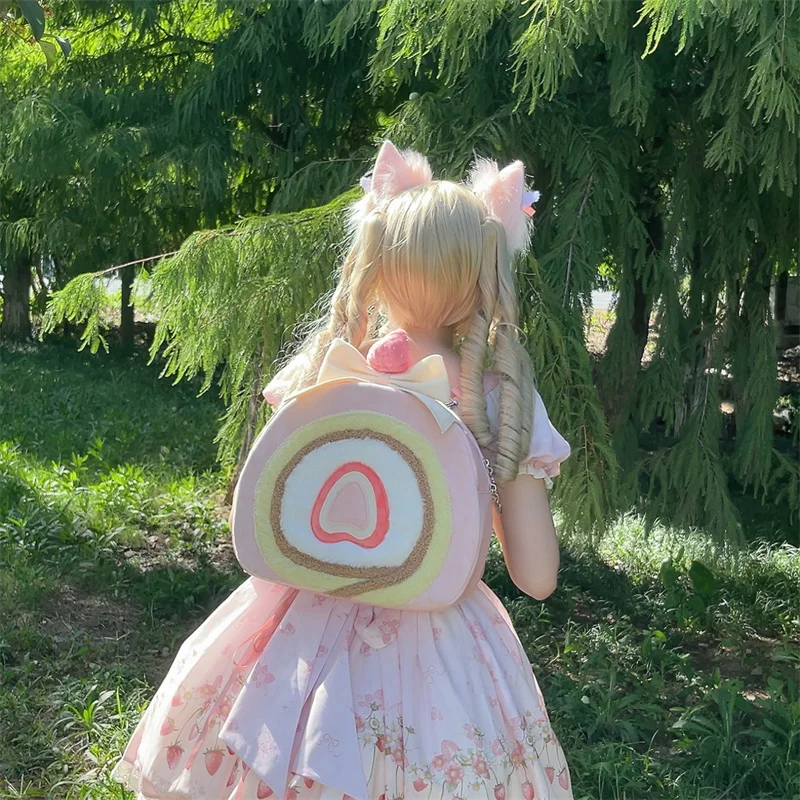 In Stock Cute Strawberry Cake Roll Bags For Women Sweet Kawaii Bag Pink Lolita Bag For Girl Christmas Gift Strawberry Backpack