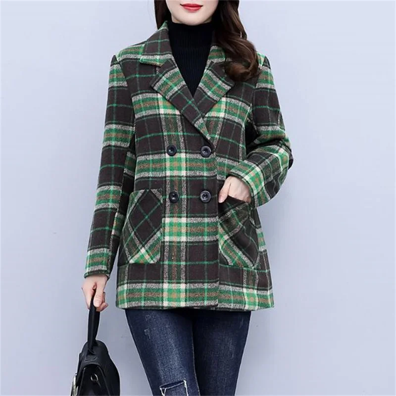 

2026 New High-end Plaid Woolen Coat Women's Versatile Double Breasted Cotton-padded Woolen Suit Jacket Autumn Winter Jackets