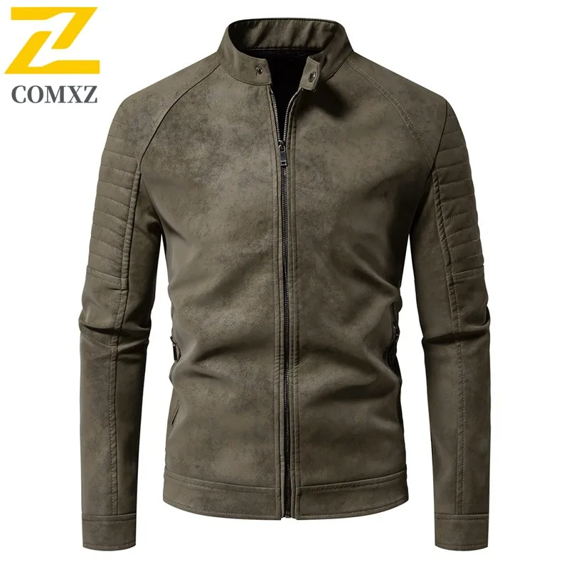 

COMXZ мужская куртка в стиле ретро, высококачественная водонепроницаемая приталенная куртка из искусственной кожи, популярная уличная мотоциклетная куртка с воротником-стойкой для мужчин