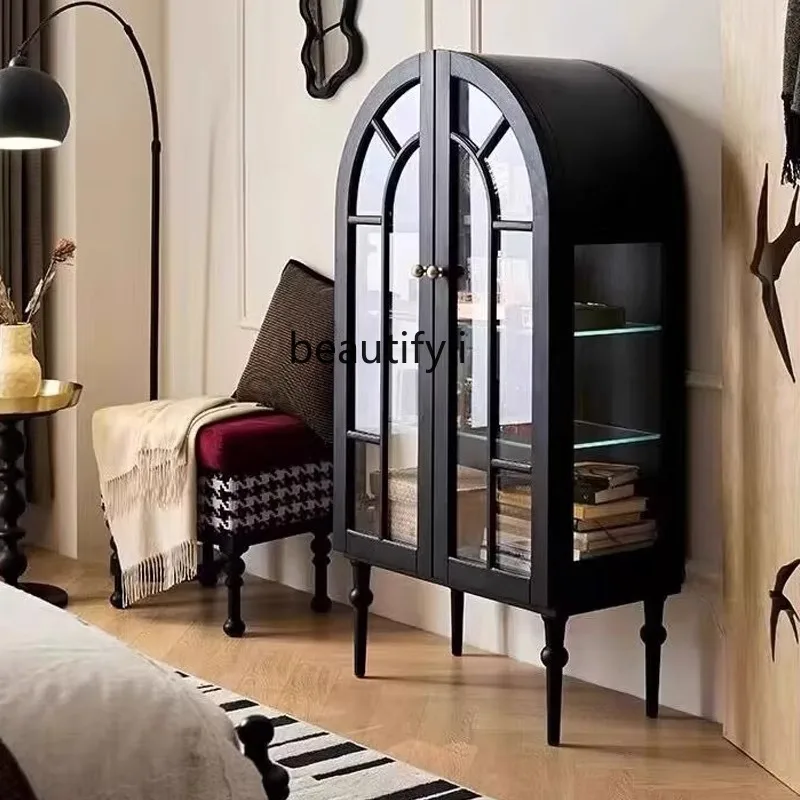 

French Retro Solid Wood Curved Side Cabinet Living Room Double Door Storage Black Storage Glass Wine Cabinet