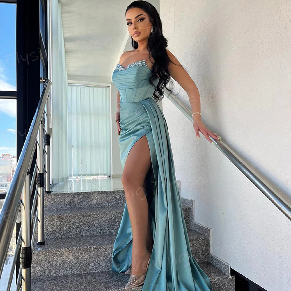 

Graceful Blue Women's Mermaid Classic Evening Dresses Strapless Sleeveless Formal Party Prom Gowns High Side Split فساتين سهرة