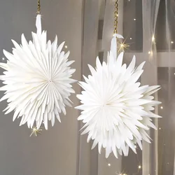 1 white three-dimensional paper fan snowflake ornament, Christmas, wedding, birthday, party decoration strap hanging rope