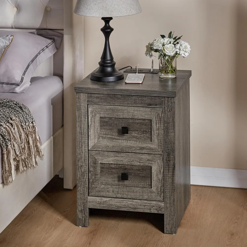 Nightstand Set of 2 with Charging Station, Rustic Bedside Table with Drawers Storage, Farmhouse Wood Night Stand