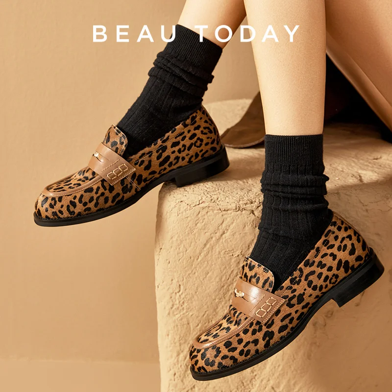 BEAUTODAY Penny Loafers Women Cowhide Round Toe Square Heel Leopard Print Sewing Outdoor Casual Flats Female Handmade 26238