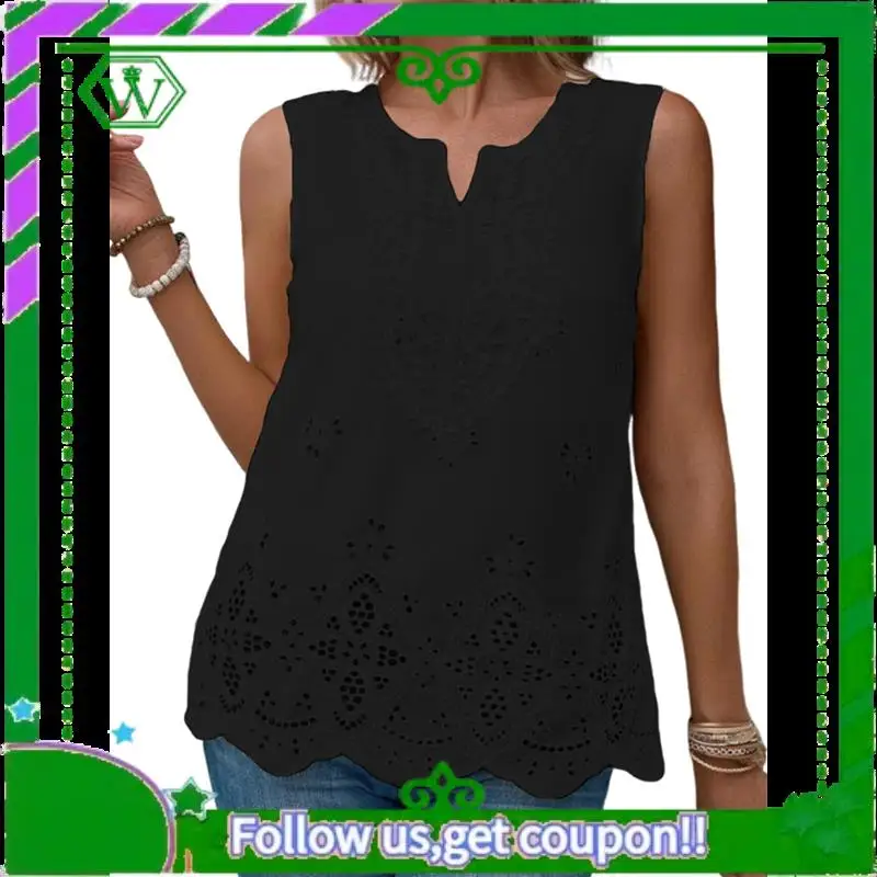 

A18P-Women's Eyelet Embroidered Sleeveless Blouse V Neck Casual Summer Shirt Tops