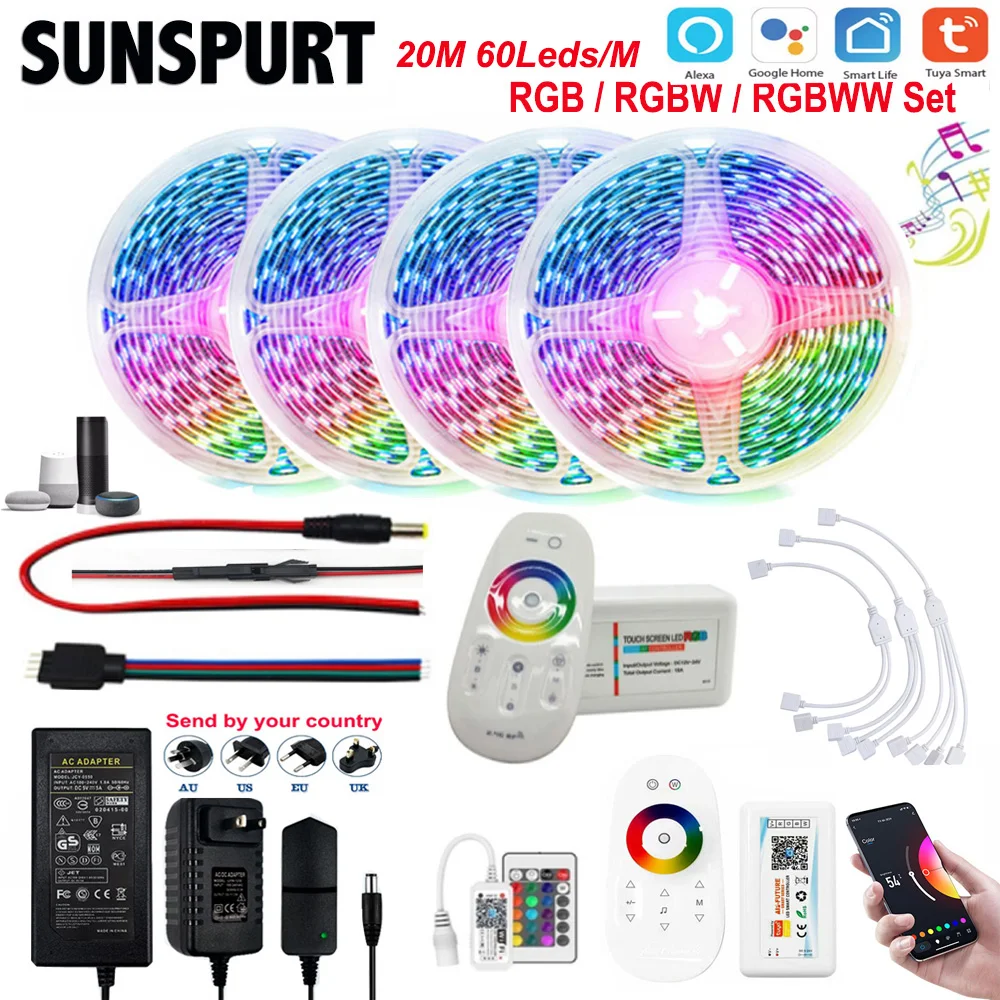 

LED Strip 5m 10m 15m 20m 25m 30m SMD 5050 RGB RGBW 60LEDS/M 12V tape LED Rope Ribbon Kit 2.4G RF remote controller WiFi Tuya APP