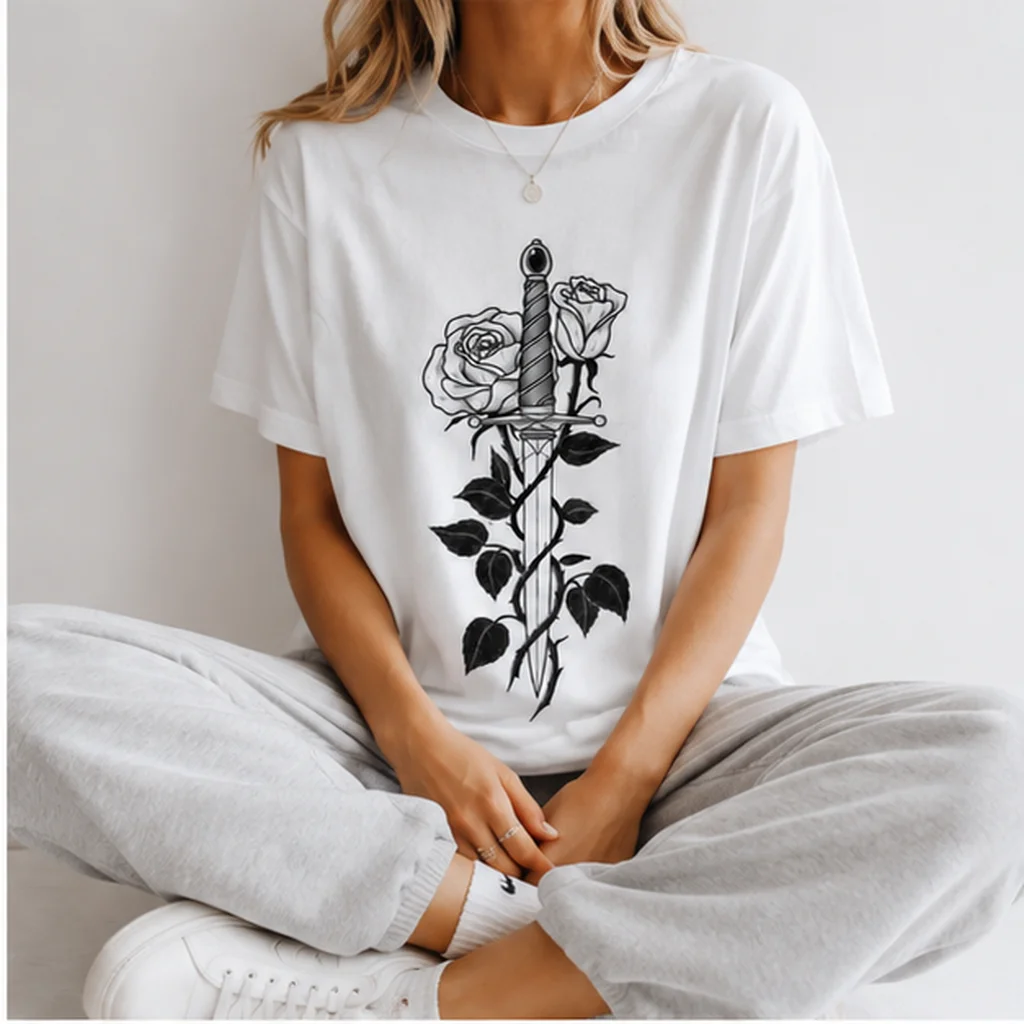 100% Cotton Women Vintage Tattoo Art Sword And Rose Graphic T‑Shirt Gothic Aesthetic Short Sleeve Crew Neck Tee