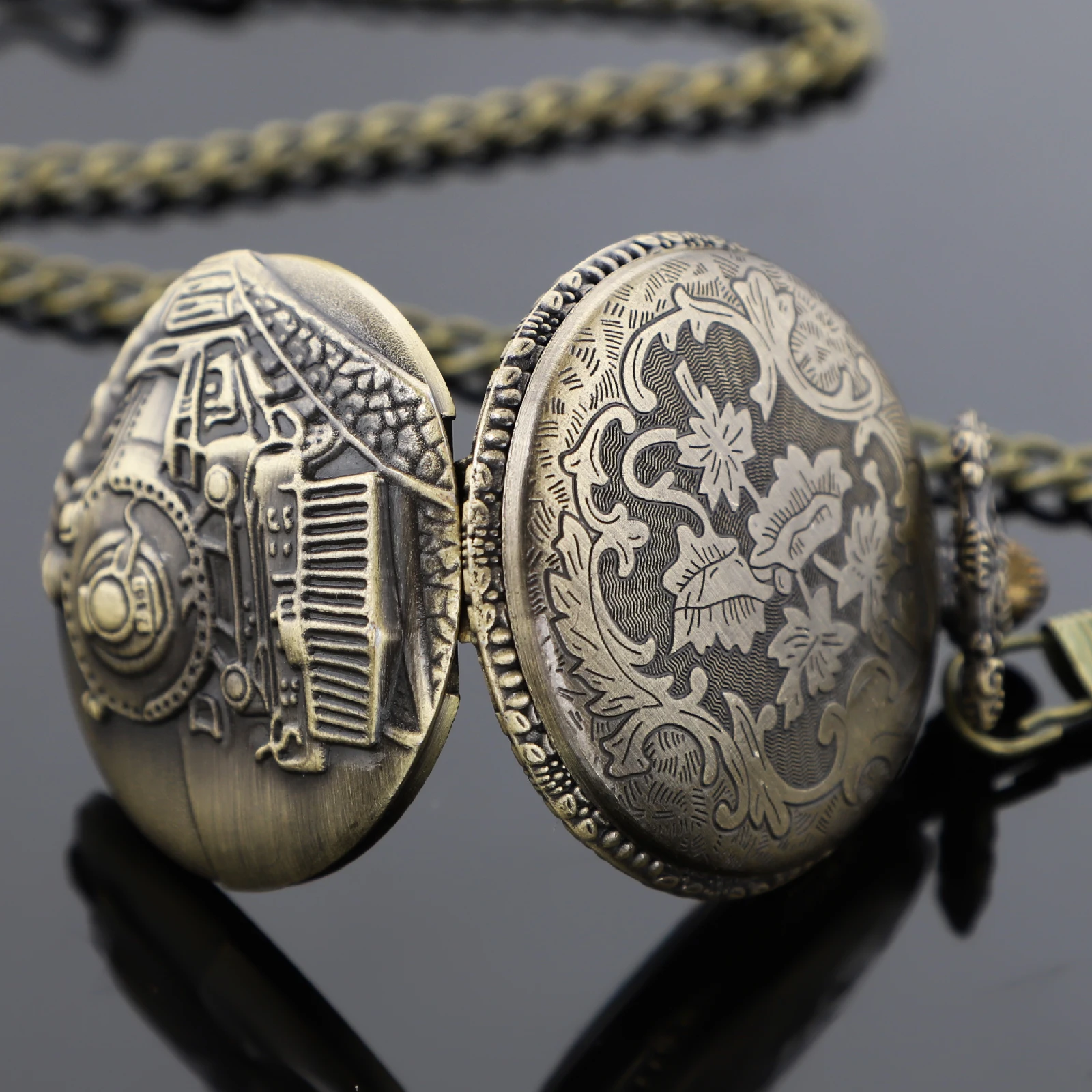 청동 고대 증기 기관차 조각 석영 주머니 시계 빈티지 남성 펜던트 Fob 체인 시계 남자 크리스마스 선물