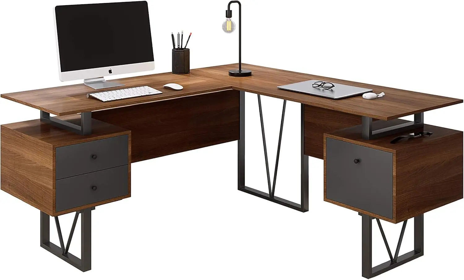 

Techni Mobili Reversible L Shaped Desk with File Cabinet and Drawers 59” W – Modern Versatile L Shaped Office Desk with Drawers