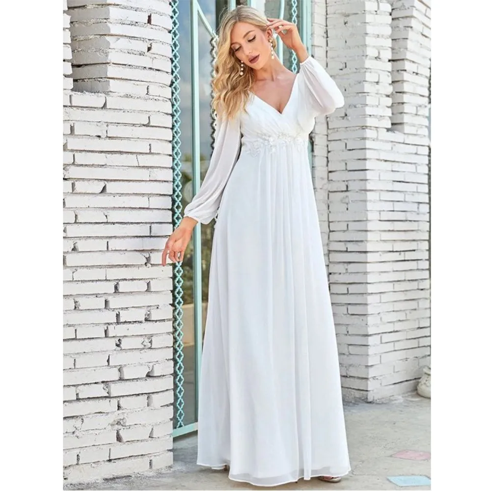 A Line Chiffon Maxi Dress For 2024 Bride Boho Wedding Dresses Chic And Simple V Neck Long Sleeves Applique Wedding Gowns