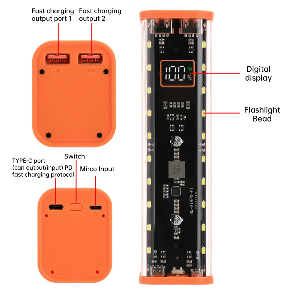 8*18650 Diy Battery Box 22.5W Fast Charging Digital Display Power Bank Case With 20 LED Beads Outdoor Battery Pack With Lamp