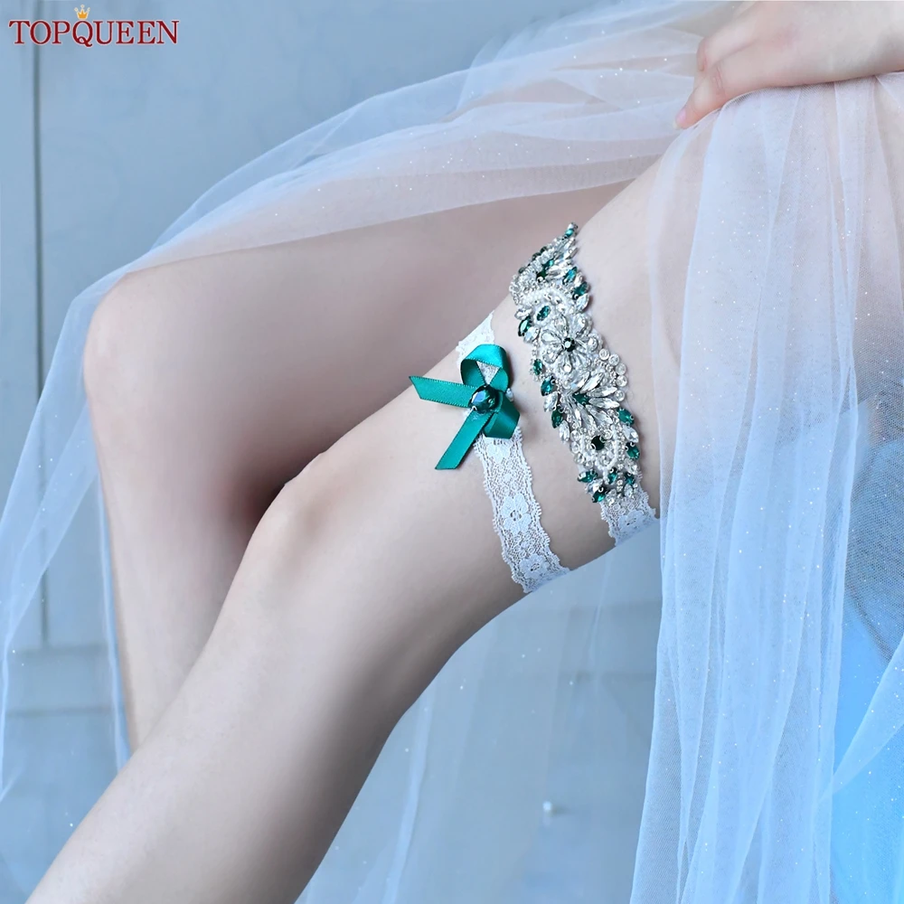 Topqueen Sexy Dij Garters Riem Groen Steentjes Bridal Lace Elastische Pak Been Ligueros Bruiloft Cinta Liga Porte Jartelle THS22