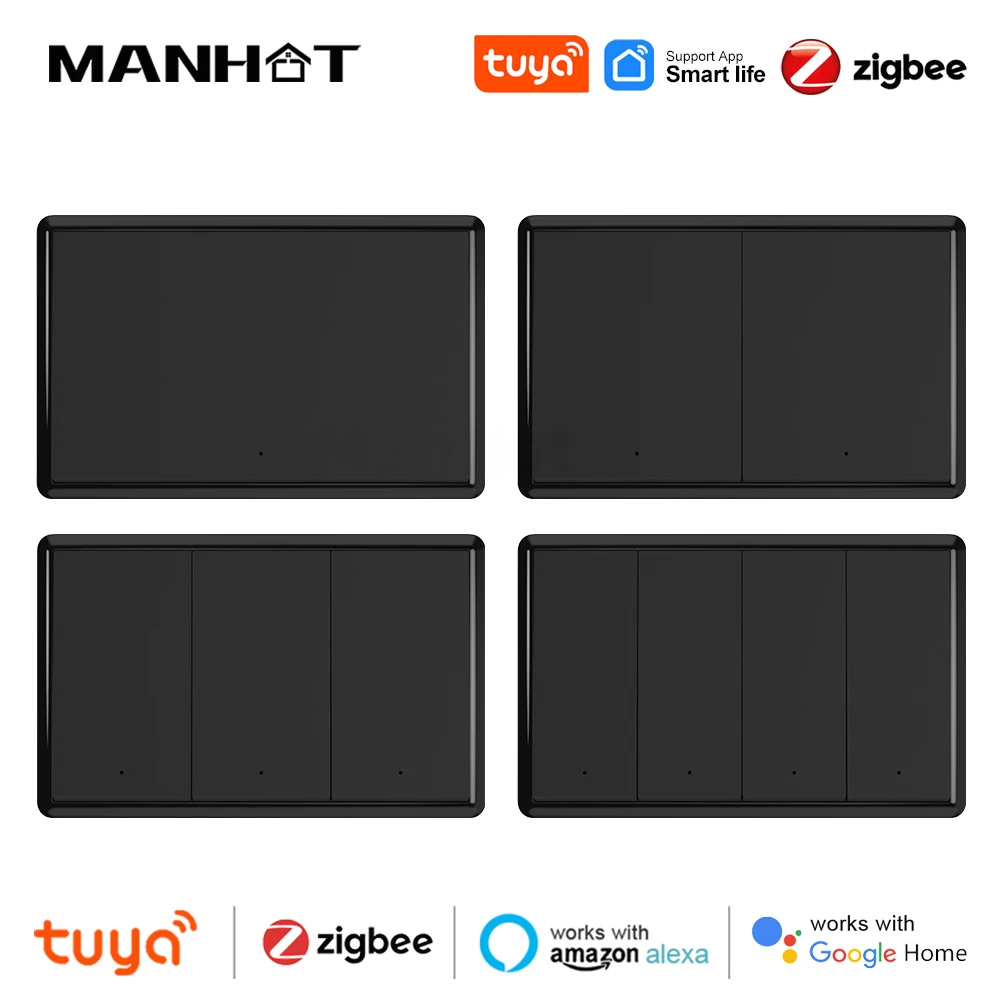 

Manhot Tuya ZigBee Smart Switch No Neutral Wire Required US Push Button Light Switch Voice Control With Alexa Google Assistant