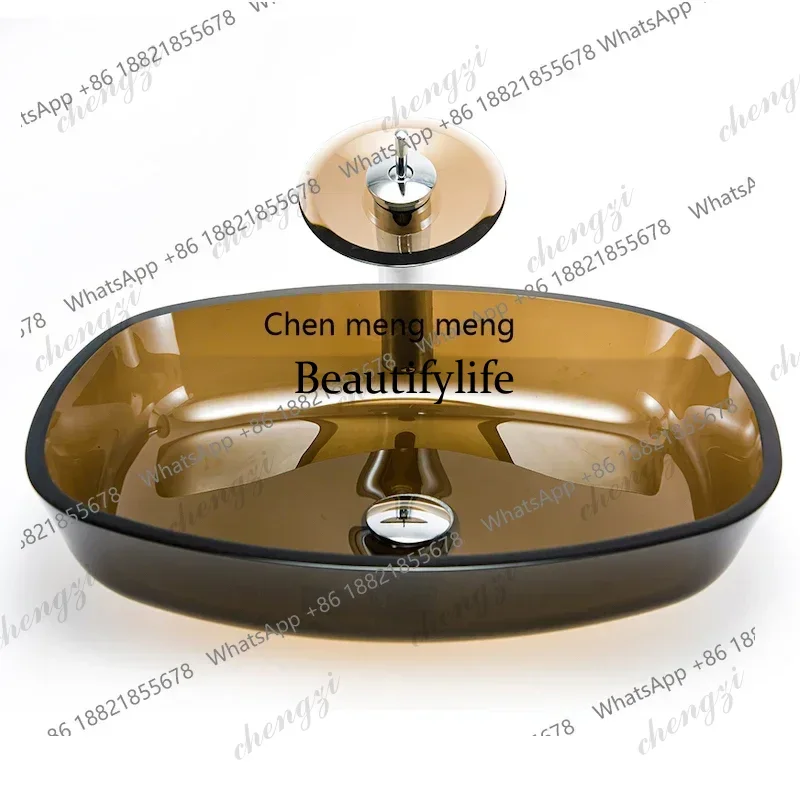 

Transparent Tempered Glass Single Basin Simple Handwashing Household Gray Homestay Coffee Color Tea Color