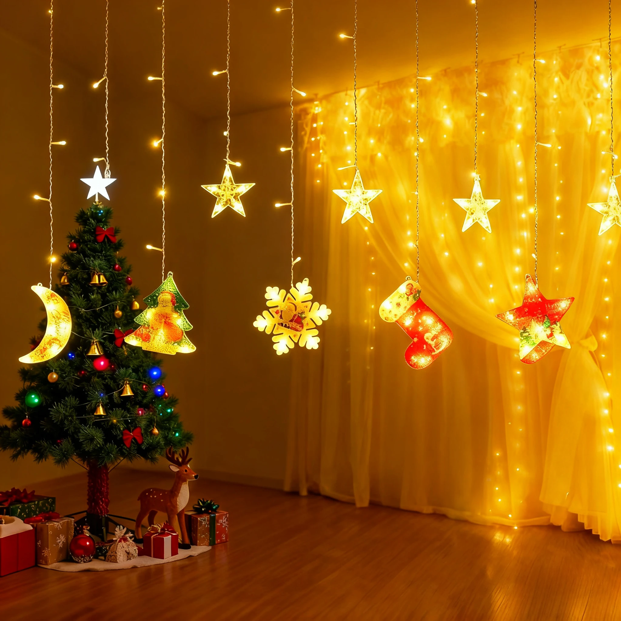 Lampu Tali Tirai 300LED dengan Remote, 8 Mode Lampu, Putih Hangat/Putih Dingin/Multiwarna, Colokan USB, untuk Dekorasi Pernikahan/Pesta/Liburan