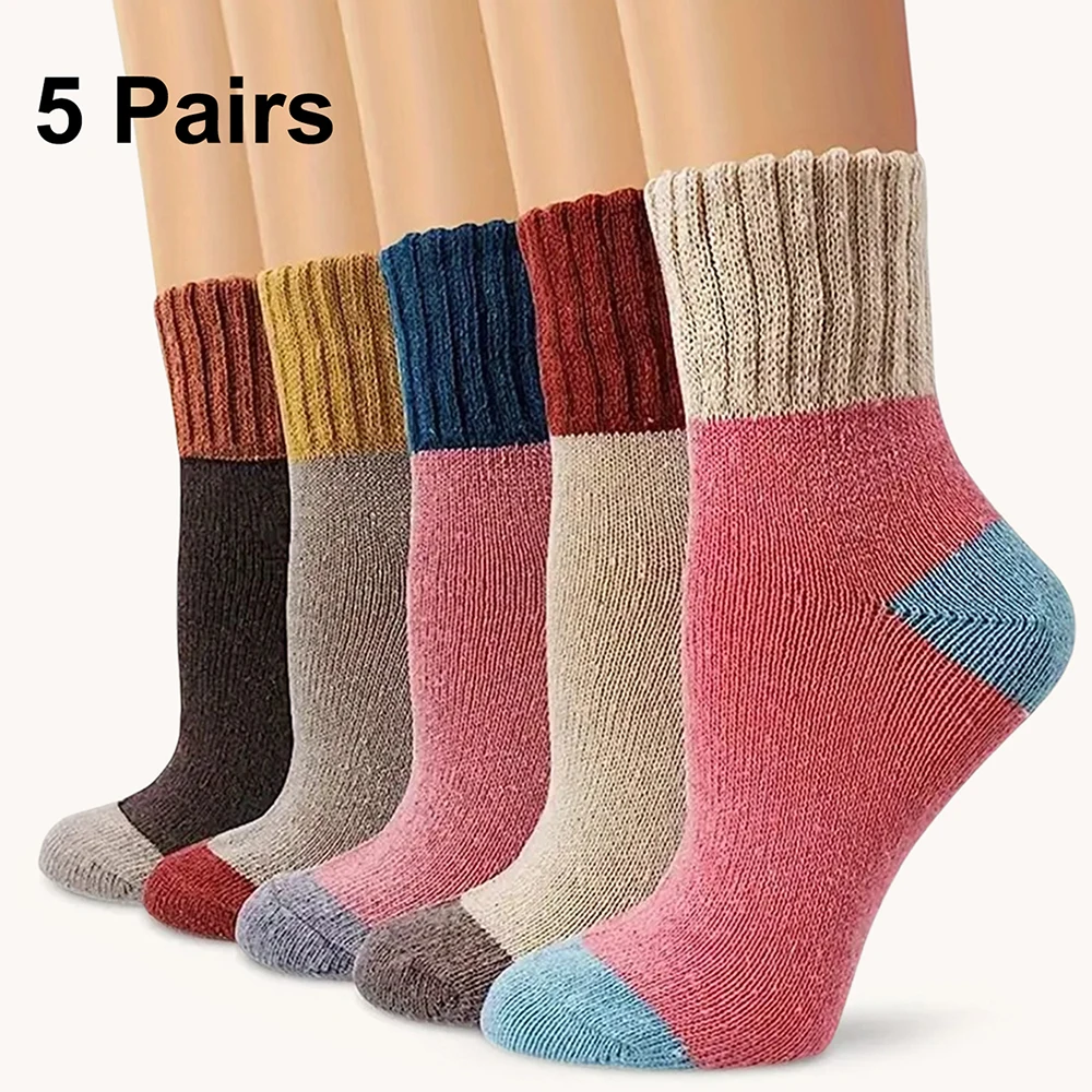 5 Pairs Of Women Ultra Soft Color Blocked Mid Length Socks Warm And Stylish Knit Suitable For Casual Outdoor Wear Comfortable