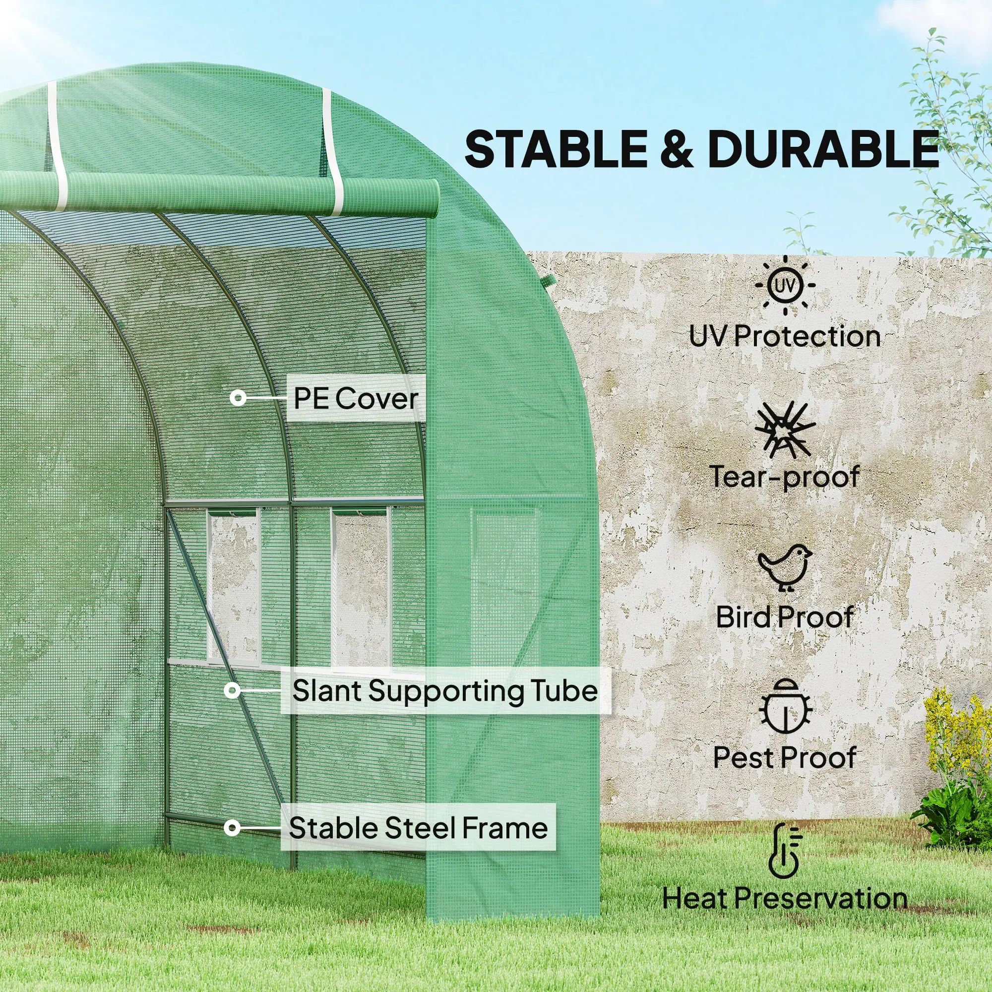 3.5 X 2m Walk-In Polytunnel Greenhouse with Steel Frame Roll up Door Green