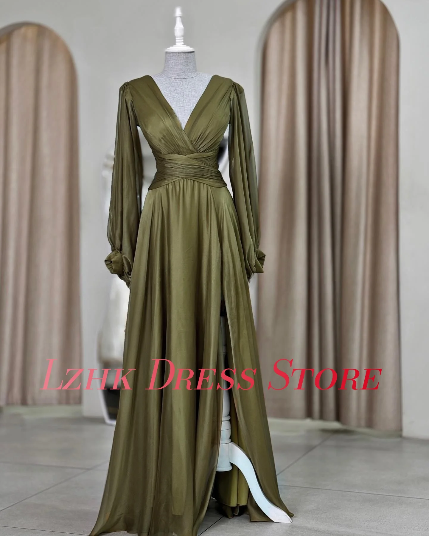 فستان سهرة شيفون مثير مخصص على شكل حرف a عالي الجودة وأكمام طويلة ورقبة على شكل حرف v طول الأرض فستان سهرة نسائي