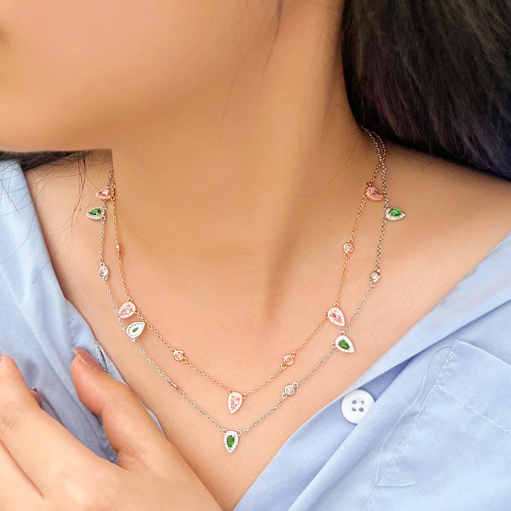 CWWZircons Stackable Delicate Water Drop Green Cubic Zirconia Charms Link Chain Necklace for Women Elegance Jewelry Gift CP124