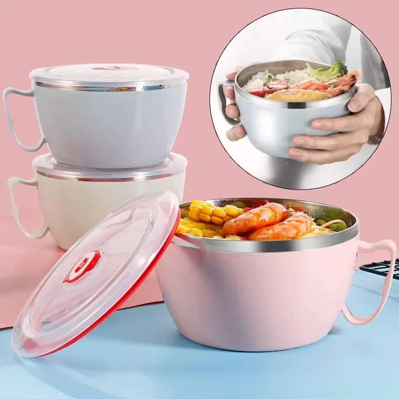 

Portable Stainless Steel with Lid Instant Noodle Bowl Double Insulated Anti-scald Lunch Box Kitchen Supplies