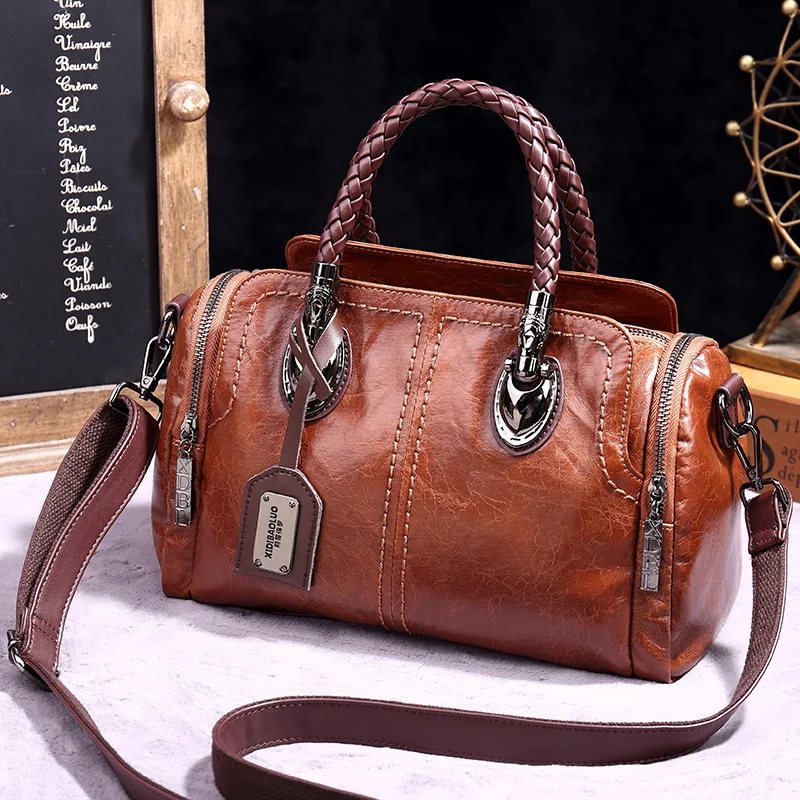 2024 autumn/winter vintage European and American style contrasting woven handbag crossbody multi compartment Boston women's bags