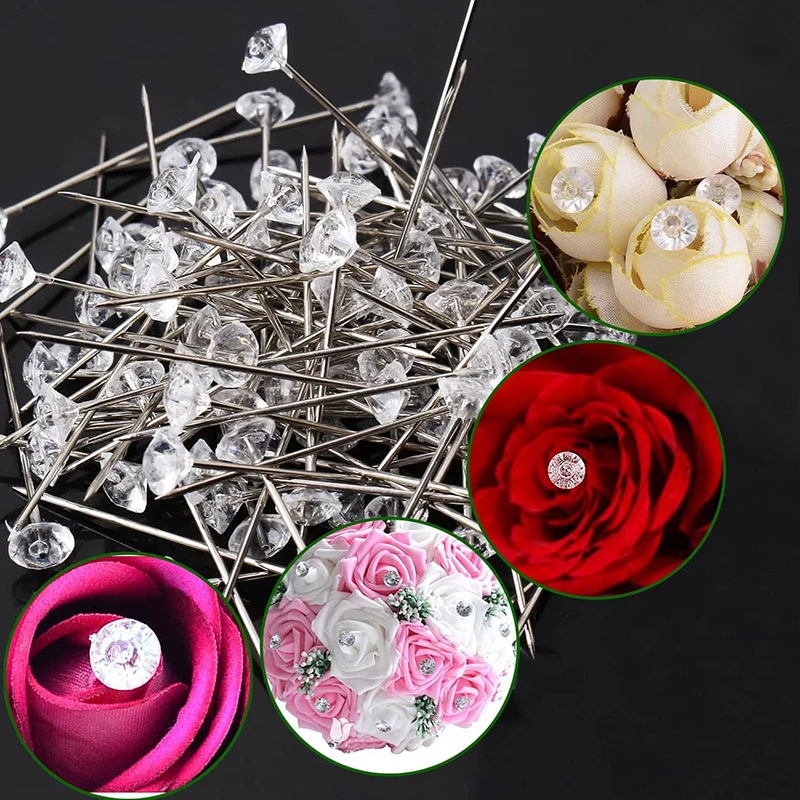 50Pcs/Box Crystal Head Sewing Pins Acrylic Pearl Bouquet Pins Diamond Head Pins for Dressmaking Quilting Straight Pins