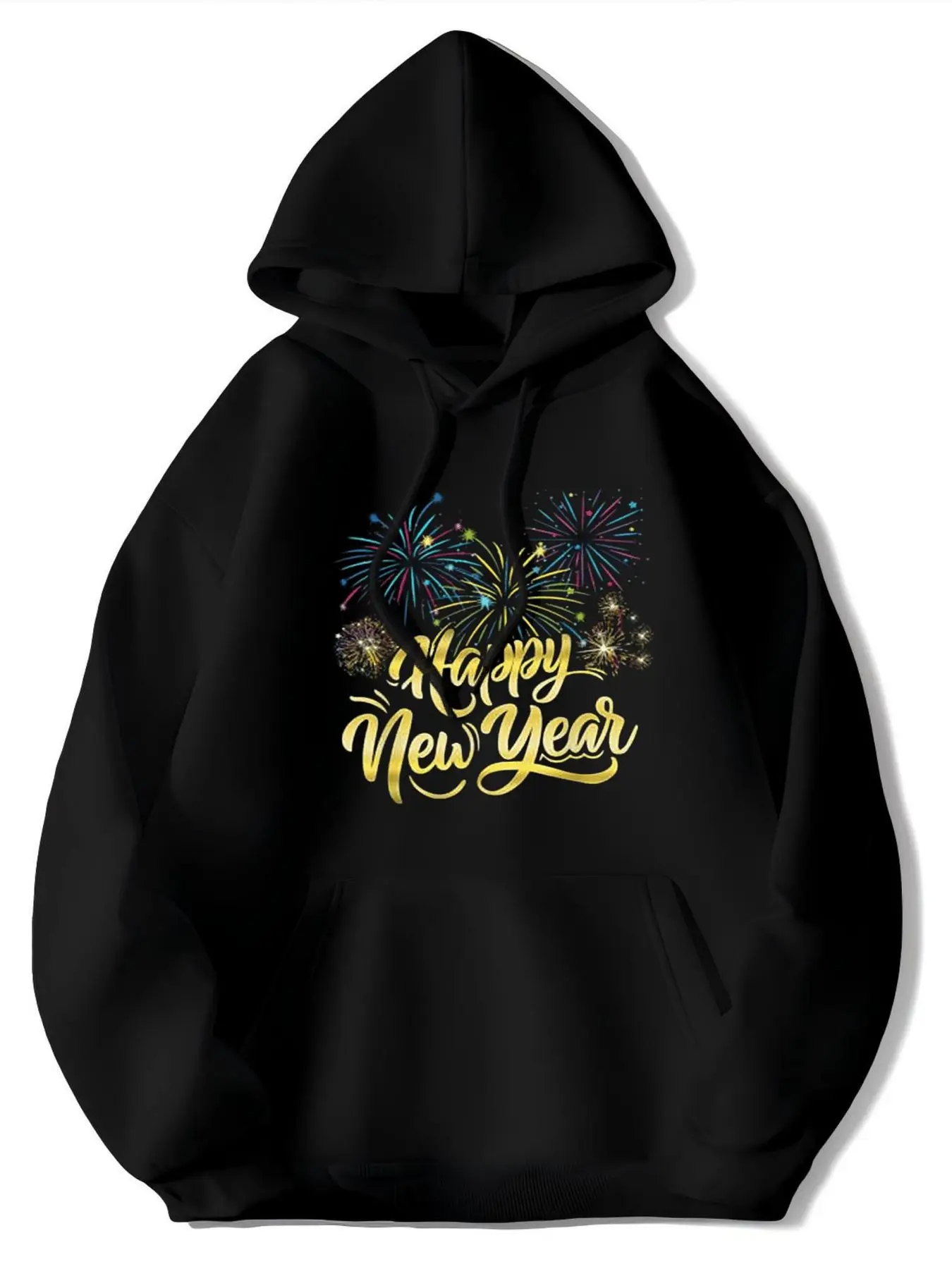 

Happy New Year Fireworks Hoodie - Gold and Black Gold Foil Letter Printed Pullover with Fireworks Pattern, Warm Fleece
