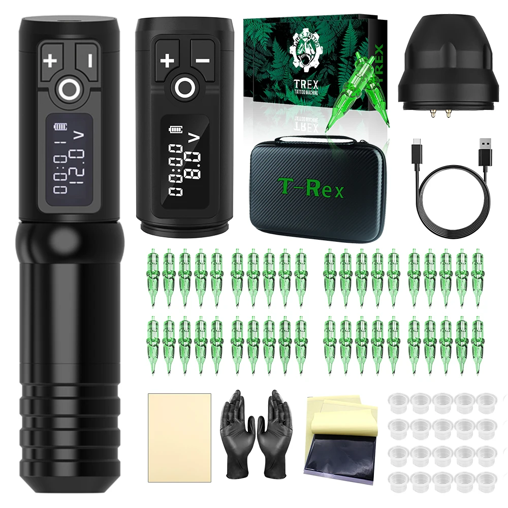 

Набор для тату-машинки T-Rex, беспроводной роторный набор для тату-машинки с 40 тату-картриджами и иглами, аккумулятор 2400 мАч