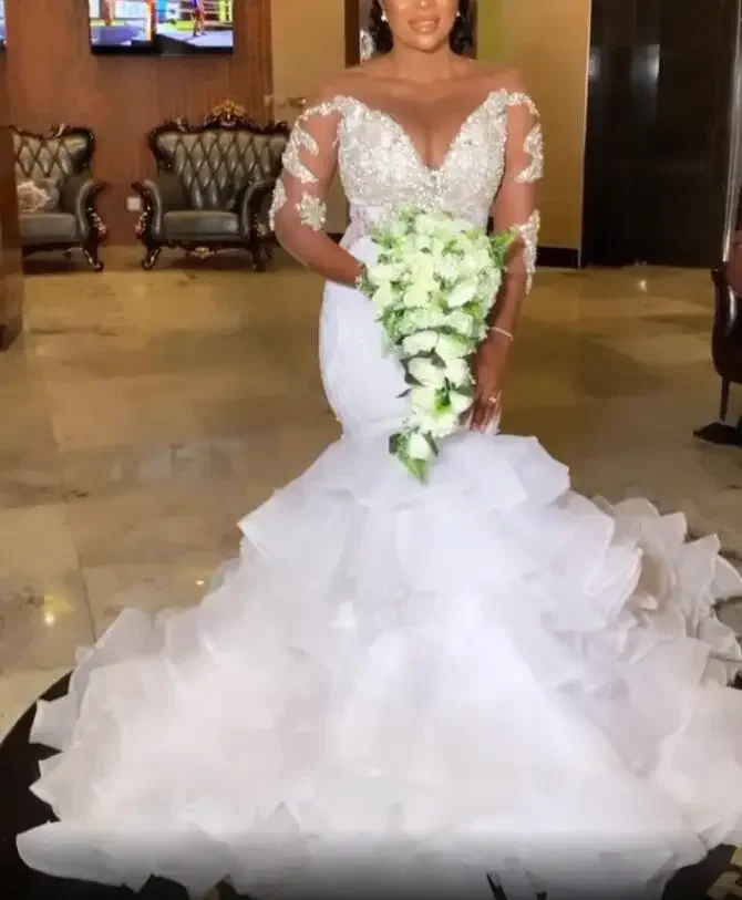 Customized Plus Size Arabic Aso Ebi Luxurious Beaded Crystals Wedding Gowns Long Sleeves Mermaid Sheer Neck Bridal Dresses 2021