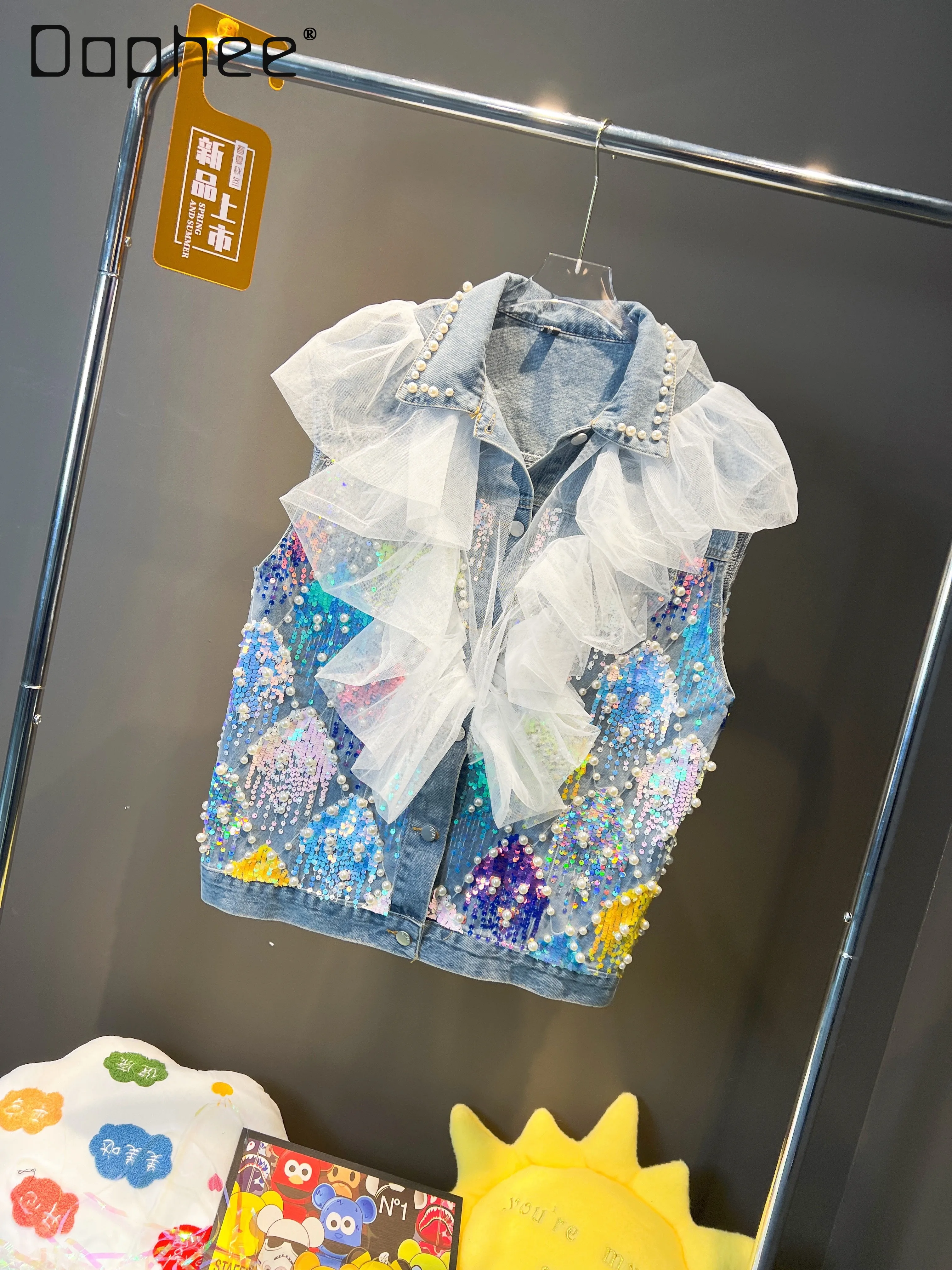 Moda pesada bordado lantejoulas malha renda casual moda magro solto denim lapela colete jaqueta outono nova rua sem mangas jaqueta