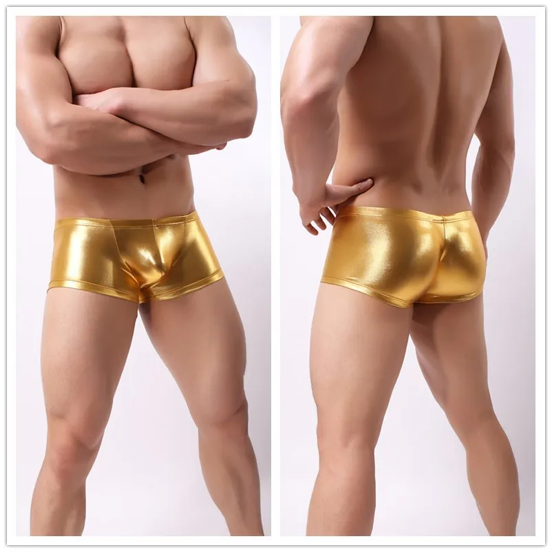 2023 Boxer Men Underwear Sexy Night Club Boxers Bright Boxershorts Gold Silver Green Faux Leather Panties Performance Underpant