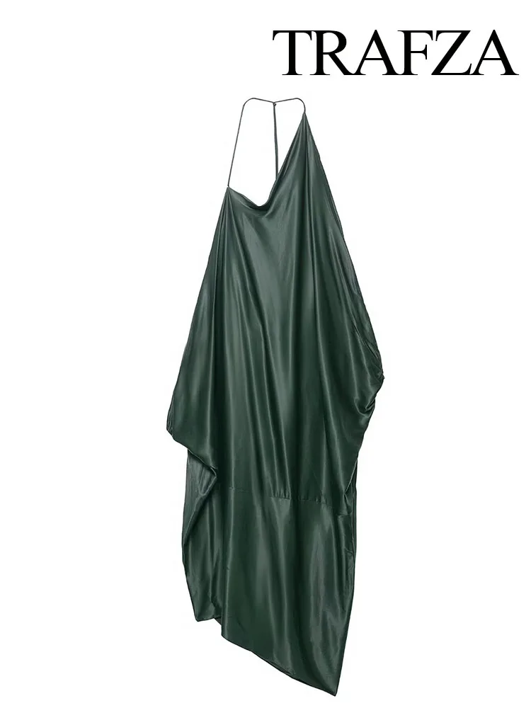 

HH Woman Summer Dark Green Slanted Collar Backless Decorate Sexy Long Dress Female Fashion Asymmetry Casual Sleeveless Dress