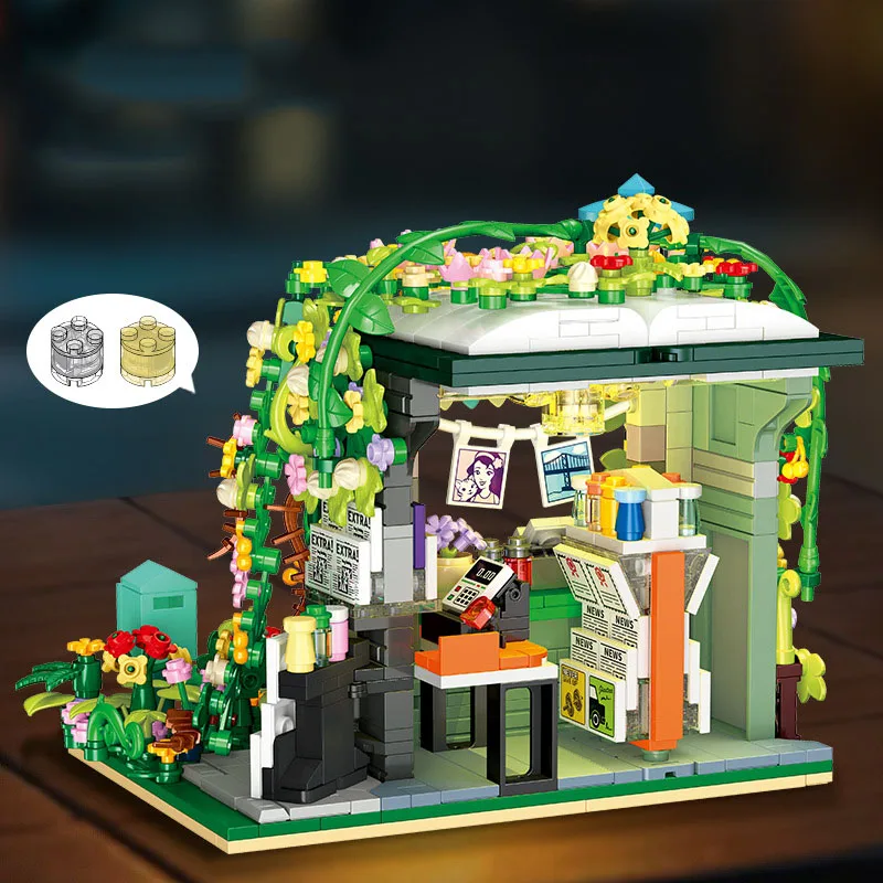 크리 에이 티브 꽃 세계 도시 스트리트 뷰 블록 키오스크 버스 정류장 건물 벽돌 건설 장난감 컬렉션 선물용 빛