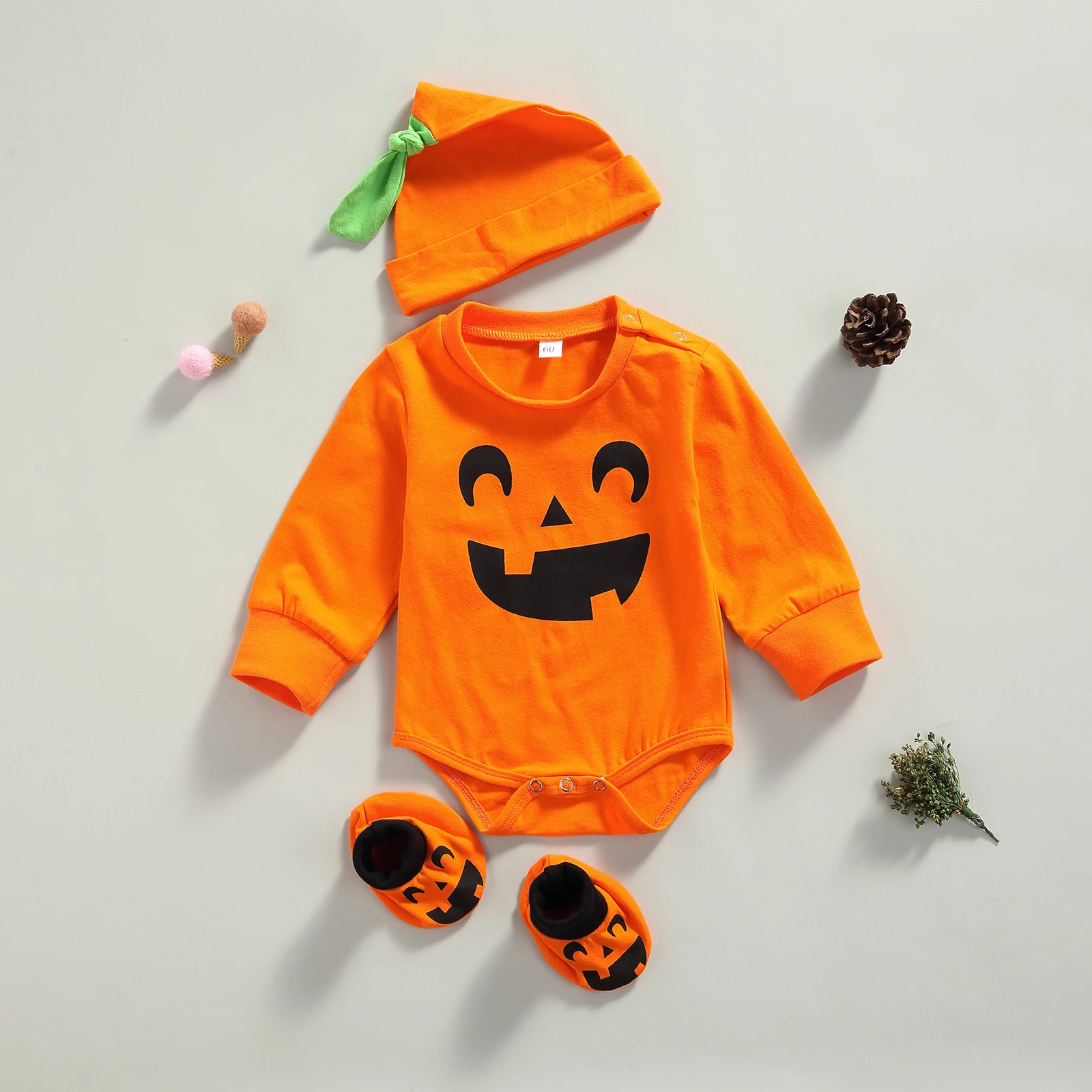 Newborn Halloween Romper Hat Sleeves Pumpkin Print Long Sleeve Bright Colors Clothing