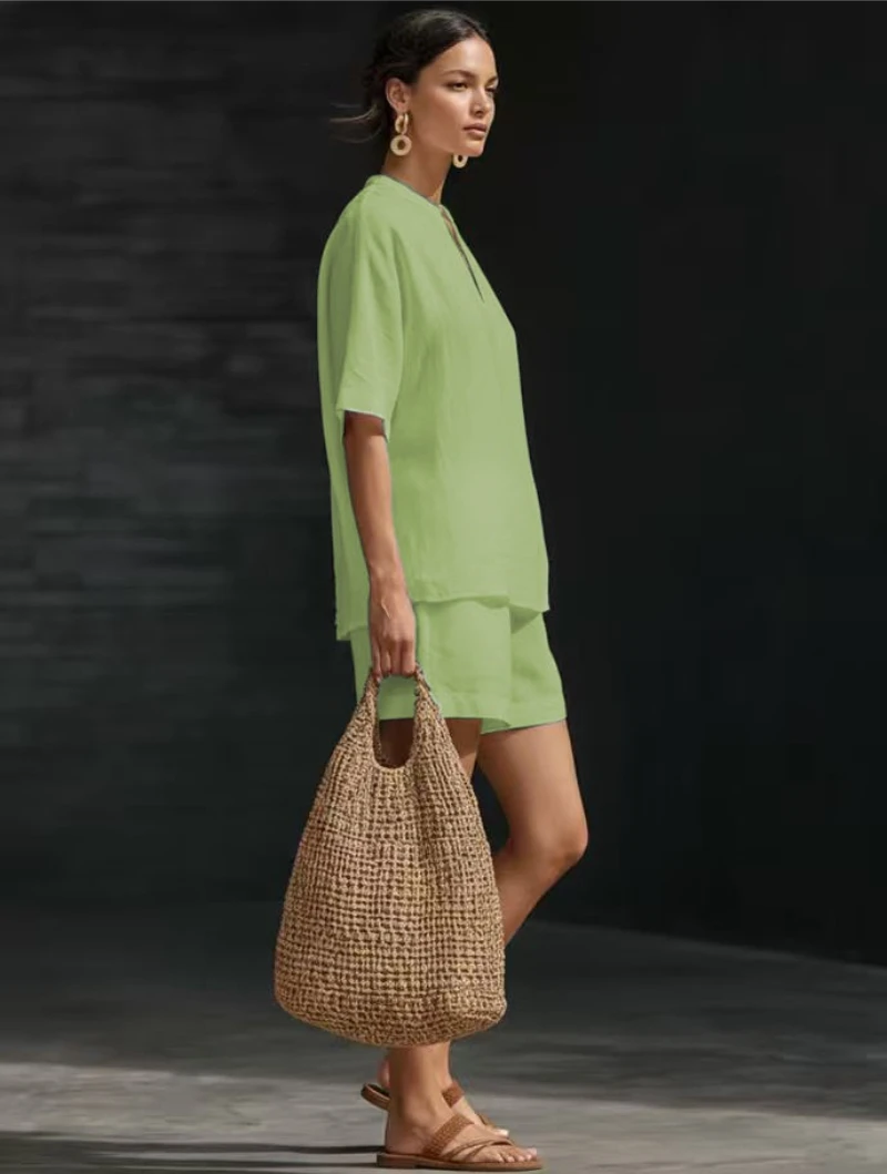 Summer Casual Cotton Linen Two Piece Set For Women V Neck Short Sleeve Shirt High Waist Pocket Short Suit Women Comfortable Set