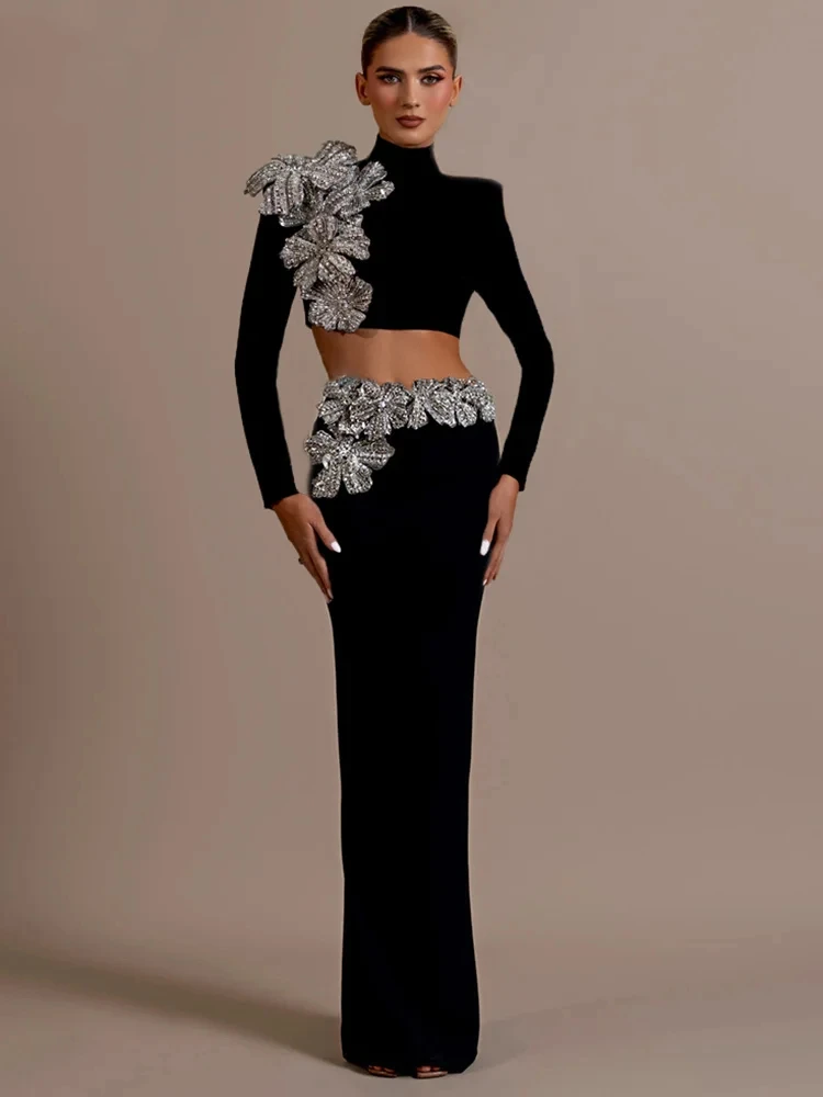 Avondfeest zwarte lange mouwen tweedelige bandageset coltrui diamanten bloemtop met bodycon maxi rok pak outfit