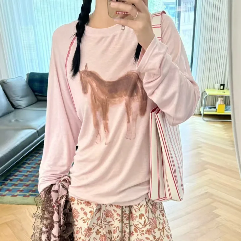 

Autumn New Round Neck Pony Print Loose Casual Long Sleeve T-Shirt For Women Y2k Vitality Long Sleeved Loose Fit Inner Outer Wear