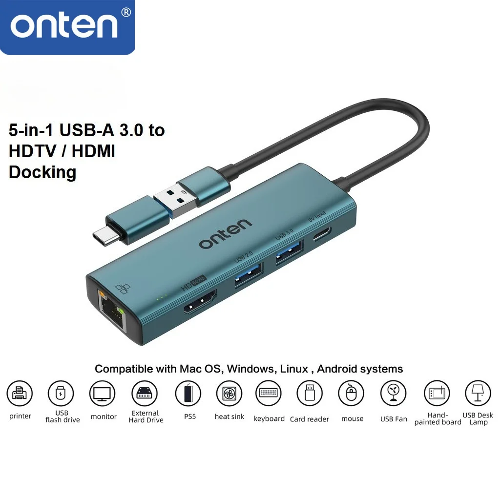 

ONTEN OTN-US125 5-in-1 USB-A 3.0 to HDMI Docking Station 1080P@60Hz RJ45 LAN 5Gbps USB 3.0 Hub with Type-C Connector