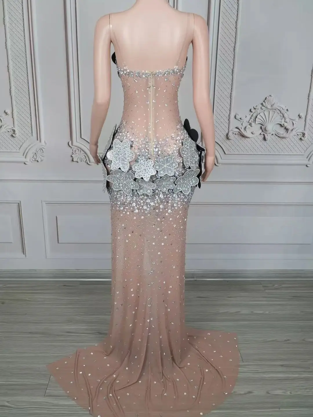 Luxe Pailletten Zilveren Bloem Mesh Trailing Jurk Nachtclub Bar Dj Prestaties Podiumkostuums Zanger Gogo Dansers Kleding DN20947