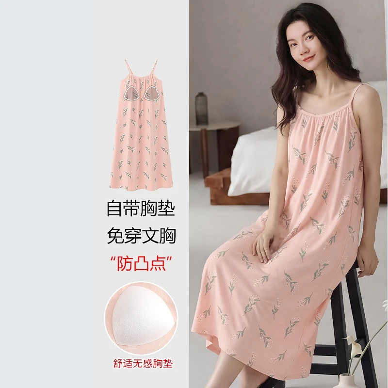 100% cotton camisole nightgown women's summer pure cotton thin design 2026 new item with chest cushion sleepwear home wear