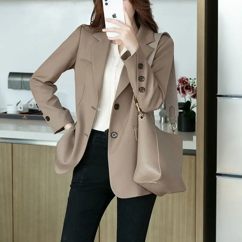 Sping Autumn New Blazers Coats Women Solid Notched Button Korean Fashion Temperament Long Sleeve Loose Mid-length Cardigan Tops