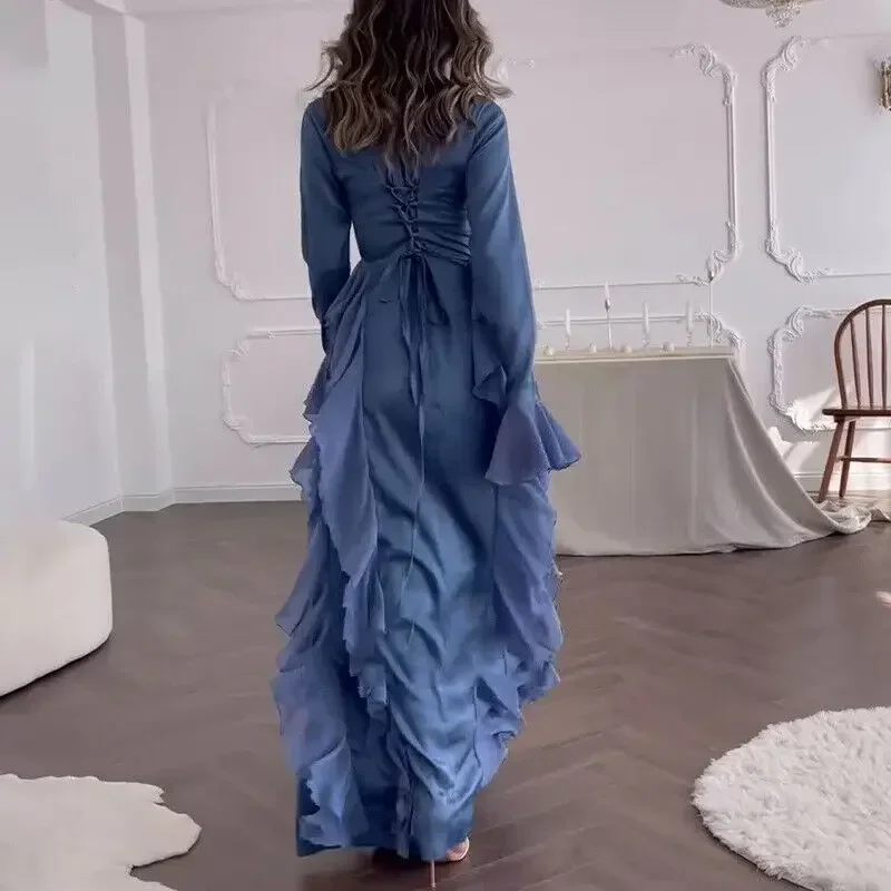 

Women's Flare Sleeve Ruffle Dress Muslim Party Gowns Dubai Abaya Turkey Robe Elegant Female Robe Islamic Gown Autumn