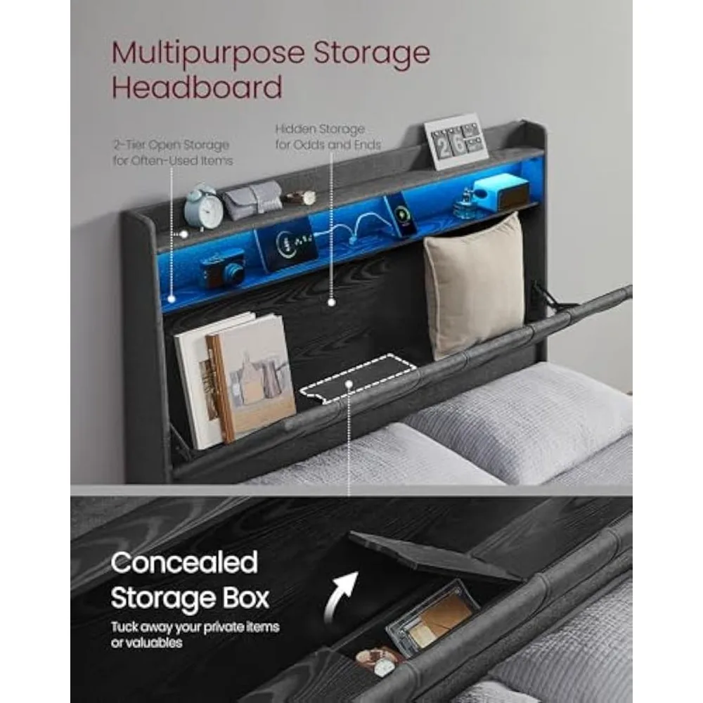 Queen Bed Frame with 51.4-Inch, Bed Frame Queen Size, with 4 Storage Drawers on Wheels, LED Lights, Charging Station image 5