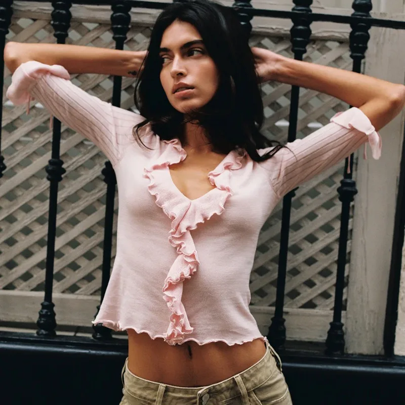 Tuularose Pink Elegant Cardigan Women's Fashion Ruffled Patchwork Lace-Up Cardigan Top Casual Autumn Commuting Female Cardigan