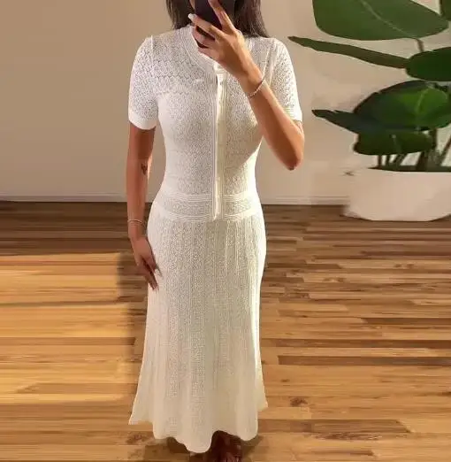 Feminino casual simples branco vestido de malha 2025 verão novo estilo temperamento viajando moda feminina elegante vestidos sereia