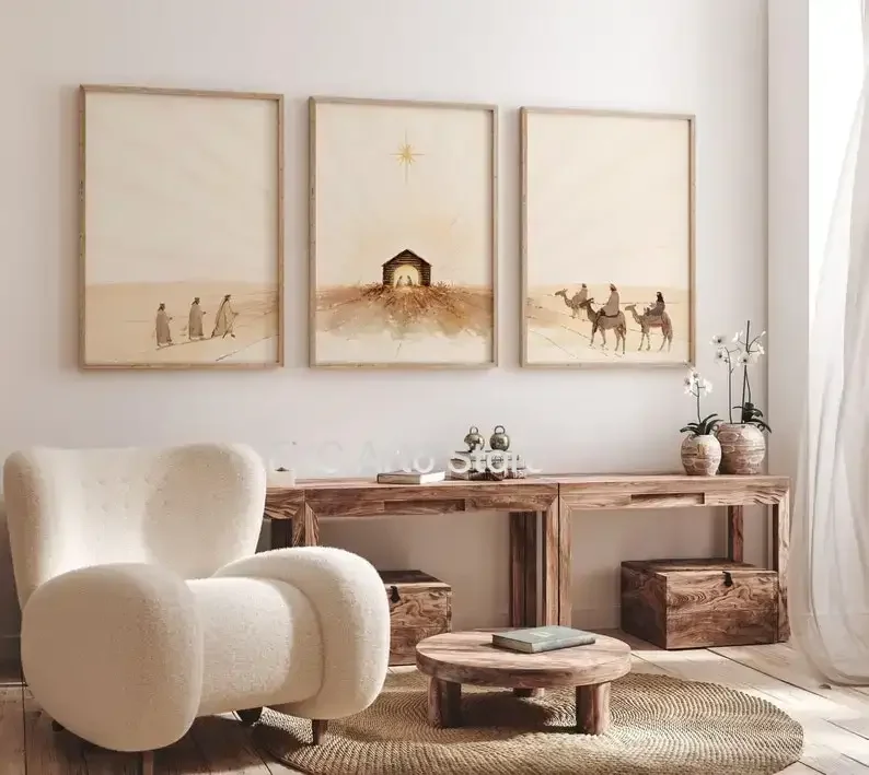 3PC frameless  Easter Nativity Scene Art Canvas Print Minimalist Christian Jesus Cross Wall Art Poster for Modern Religious Home