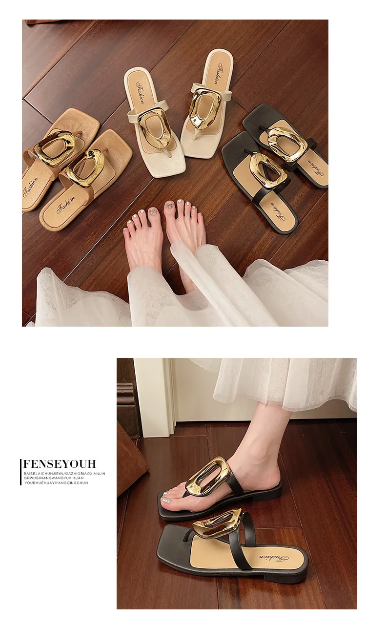 2026 Neue Damen-Flip-Flops mit eckiger offener Zehenpartie, einfarbig, vielseitig, mit Clip-Zehenriemen, flache Sandalen mit Metallschnalle für Damen – Detail 12
