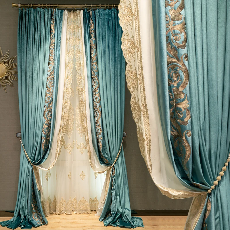 

Custom curtain luxury American lake blue velvet embroidery thick cloth blackout curtain tulle drape C1505